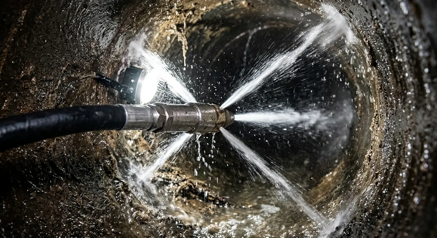 High-pressure hydro jetting nozzle cleaning sewer pipe for Emergency Drain Service in Johnston