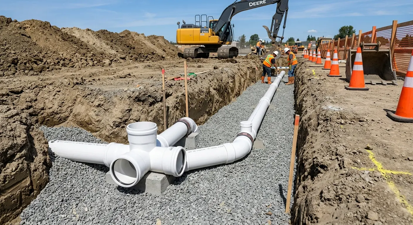 New PVC sewer pipe installation in open trench for Sewer Backup in Johnston