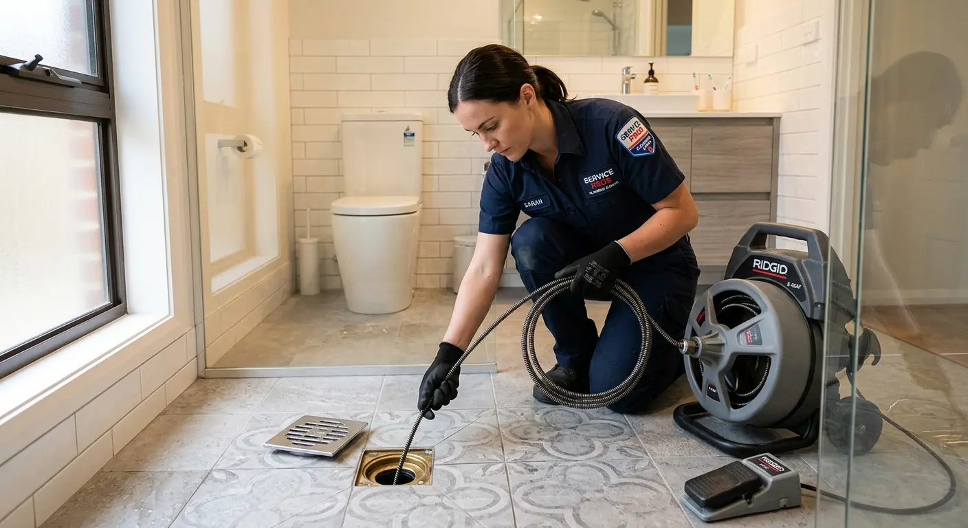 Technician clearing a bathroom floor drain for Drain Cleaning in Johnston